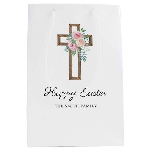 Happy Easter Floral Cross Medium Cadeauzakje (Voorkant)