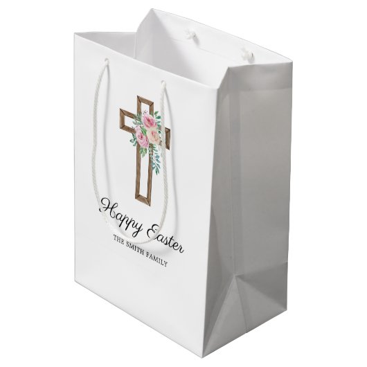 Happy Easter Floral Cross Medium Cadeauzakje (Achterkant Gekanteld)