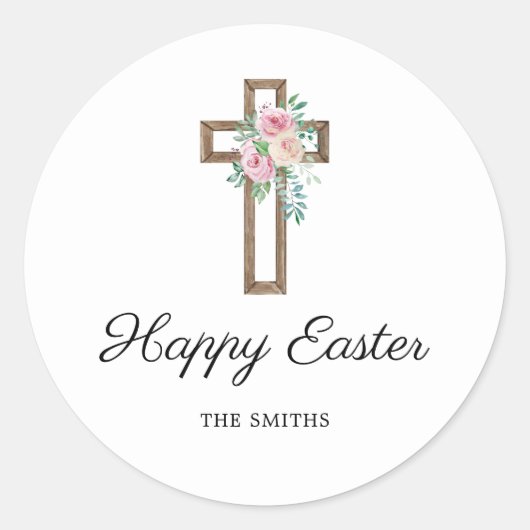 Happy Easter Floral Cross Ronde Sticker (Voorkant)