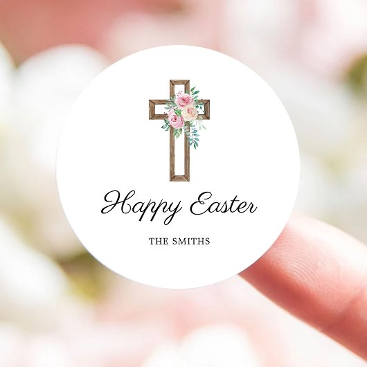 Happy Easter Floral Cross Ronde Sticker