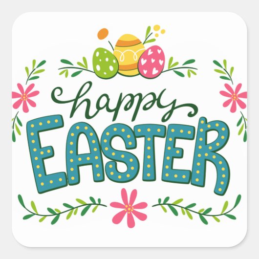Happy Easter Floral Flowers Easter Eggs Vierkante Sticker (Voorkant)
