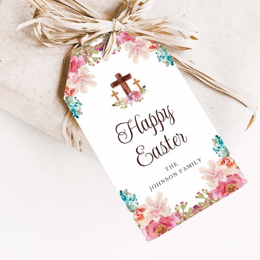 Happy Easter Floral Waterverf Religieuze Cross Cadeaulabel