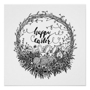 Happy Easter Floral Wreath Art Perfect Poster