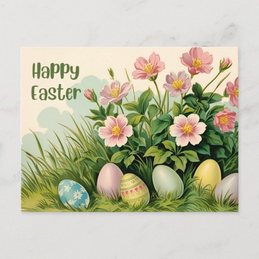 Happy Easter Flowers en Easter Eggs Feestdagenkaart (Voorkant)