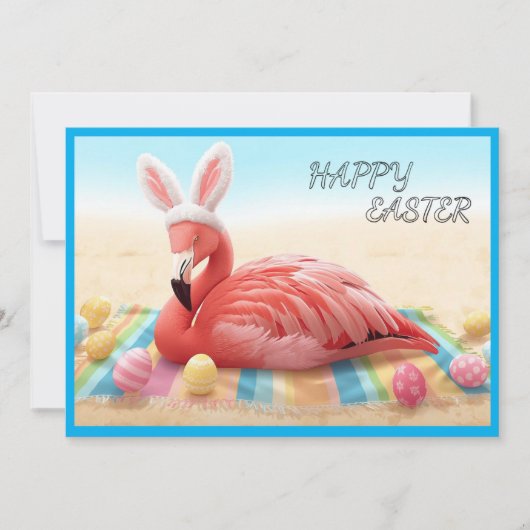 Happy Easter from Florida Flamingo Bunny on Beach Feestdagenkaart (Voorkant)