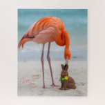 Happy Easter from Florida Flamingo on Beach Legpuzzel<br><div class="desc">Happy Easter from Florida! The design on this gorgeous tropical-themed jigsaw puzzle features a vibrant pink flamingo on a sandy beach with its beak gently touching a chocolate Easter bunny. The soft blue hues of the ocean are in the background. The Easter jigsaw puzzle is a great gift option for...</div>