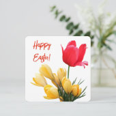 Happy Easter geel krokus rood tulp liefde Feestdagenkaart (Staand voorkant)