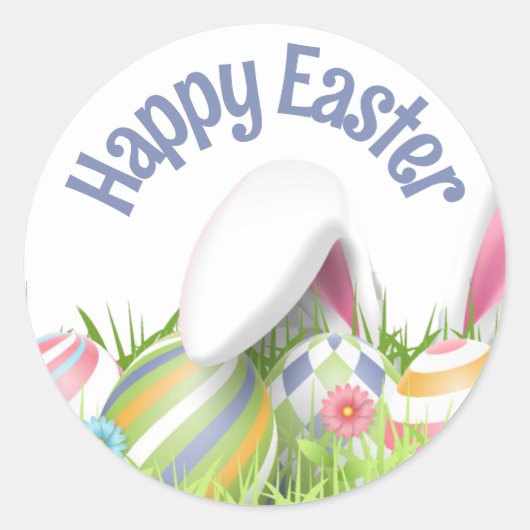 HAPPY EASTER Gekleurde Eieren Bunny Oren Ronde Sticker (Voorkant)