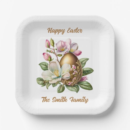 Happy Easter Gold Floral Egg Paper Bord (Voorkant)