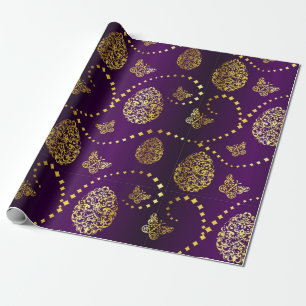 Happy Easter Golden Eggs en Butterflies Paars Cadeaupapier