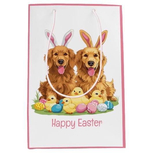 Happy Easter Golden Retriever Dogs Bunny Ears Medium Cadeauzakje (Voorkant)