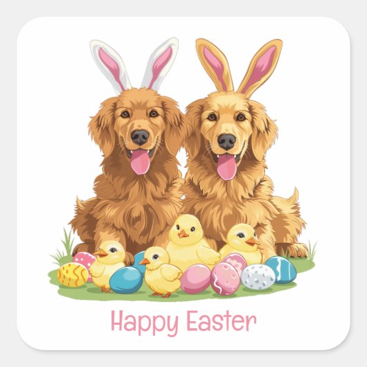 Happy Easter Golden Retriever Dogs Bunny Ears Vierkante Sticker (Voorkant)