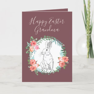 Happy Easter Grandma Bunny Floral Boho Deep Violet Feestdagen Kaart