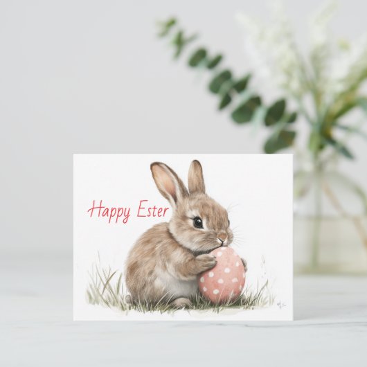 Happy Easter - Grappige konijn met ei verrukking Briefkaart (Staand voorkant)
