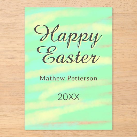 Happy Easter green yellow pastel gray name year  Acryl Uitnodigingen (Voorkant)