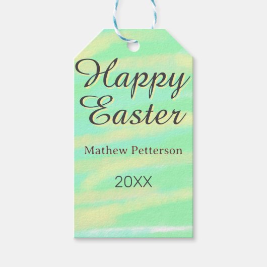 Happy Easter green yellow pastel gray name year  Cadeaulabel (Voorkant)
