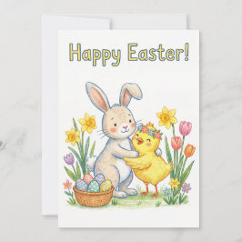 Happy Easter Greeting Card – Cute Bunny and Chick Feestdagenkaart