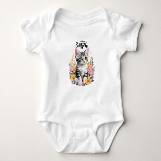 Happy Easter Grey Tabby met bloemen Romper (Voorkant)