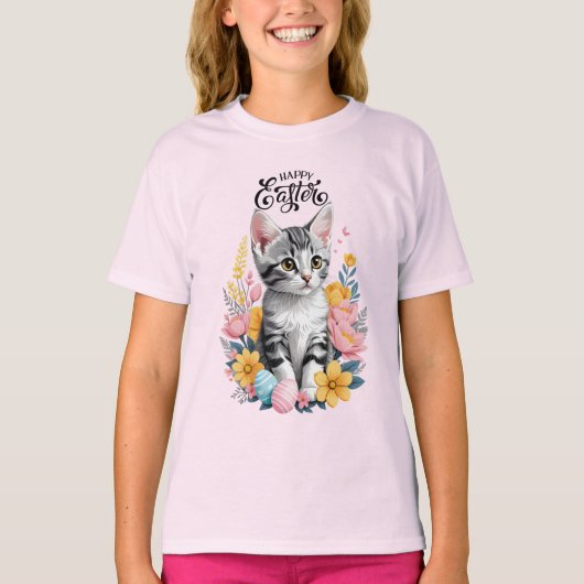 Happy Easter Grey Tabby met bloemen T-shirt (Voorkant)
