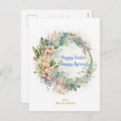 Happy Easter Happy Spring Sky Blue Floral Wreate Feestdagenkaart (Voorkant / Achterkant)