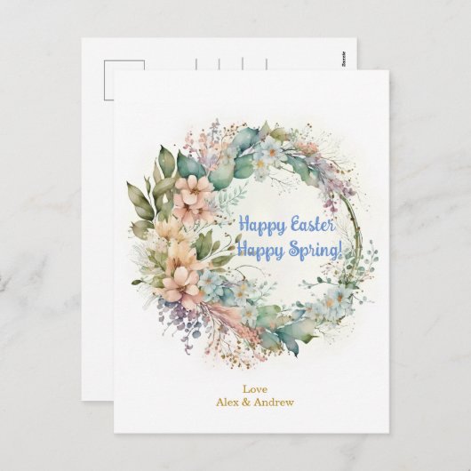 Happy Easter Happy Spring Sky Blue Floral Wreate Feestdagenkaart (Voorkant / Achterkant)