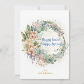 Happy Easter Happy Spring Sky Blue Floral Wreate Feestdagenkaart (Voorkant)