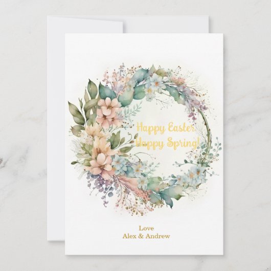Happy Easter Happy Spring Yellow Floral Wreate Feestdagenkaart (Voorkant)