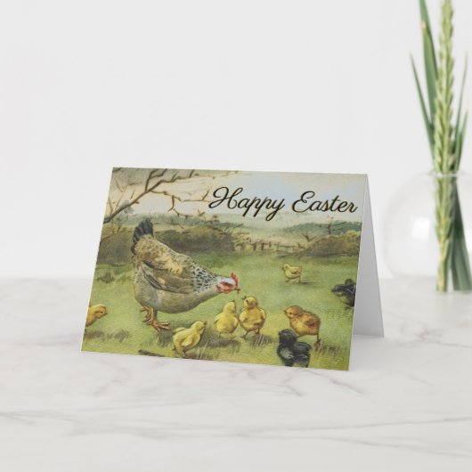 Happy Easter Hen & Chicks  Pastoral Feestdagen Kaart (Voorkant)