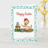 Happy Easter Hen die eieren schilderen, gepersonal Kaart (Gele Bloem)