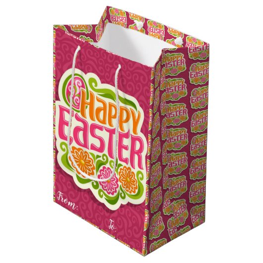 Happy Easter Holiday Bunny Floral Medium Cadeauzakje (Voorkant Gekanteld)