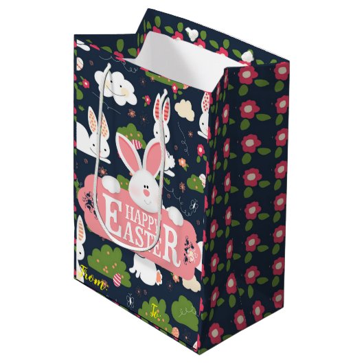 Happy Easter Holiday Bunny Floral Medium Cadeauzakje (Voorkant Gekanteld)