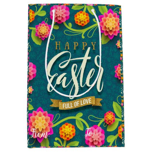 Happy Easter Holiday Bunny Floral Medium Cadeauzakje (Voorkant)