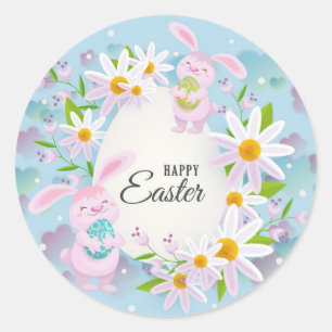 Happy Easter Holiday Trendy Bunny Floral Ronde Sticker