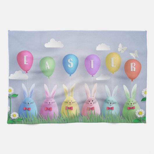 Happy Easter Holiday Trendy Bunny Floral Theedoek (Horizontaal)