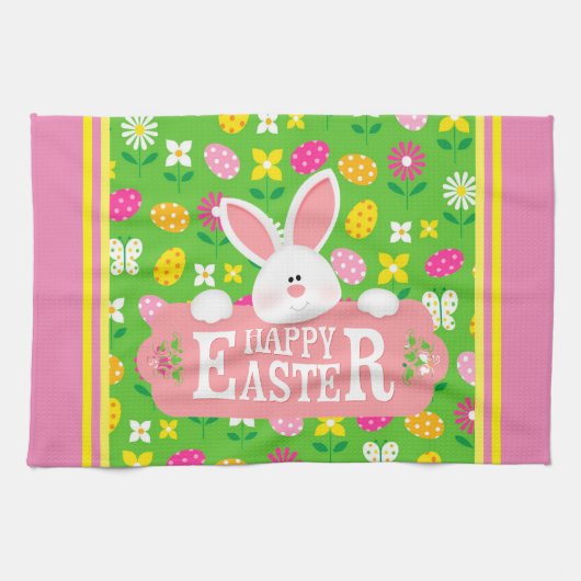 Happy Easter Holiday Trendy Bunny Floral Theedoek (Horizontaal)