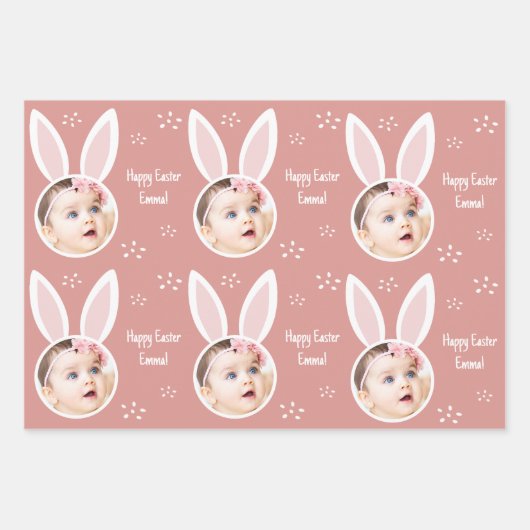 Happy Easter Kind Foto met Bunny Ears Pastel Inpakpapier Vel (Voorkant)