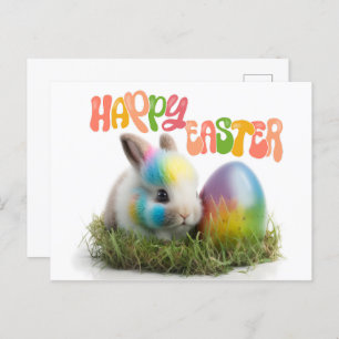Happy Easter   Konijn met kleurrijk ei Briefkaart