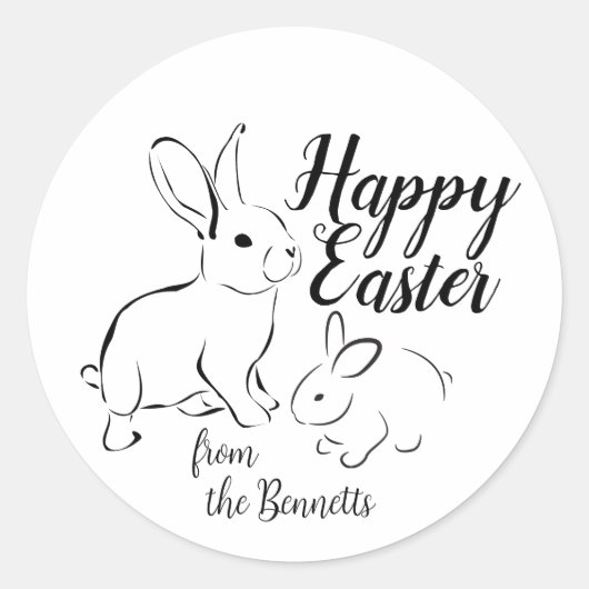 Happy Easter Line Art Bunny Rabbit Editable Name Ronde Sticker (Voorkant)