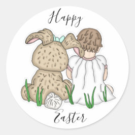 Happy Easter | Little Girl en Easter Bunny Ronde Sticker