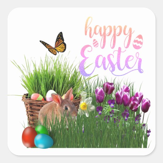 Happy Easter met Bunny Rabbit Holiday Vierkante Sticker (Voorkant)