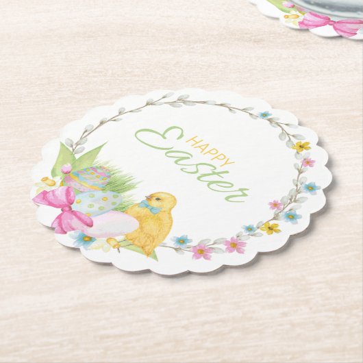 Happy Easter Modern Chick Eggs Floral Wreate Kartonnen Onderzetters (Gekanteld)