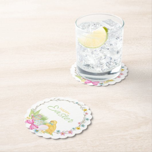 Happy Easter Modern Chick Eggs Floral Wreate Kartonnen Onderzetters (Insitu)