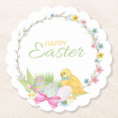 Happy Easter Modern Chick Eggs Floral Wreate Kartonnen Onderzetters (Voorkant)