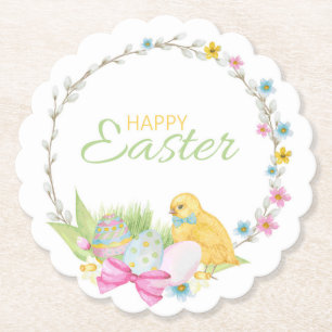 Happy Easter Modern Chick Eggs Floral Wreate Kartonnen Onderzetters