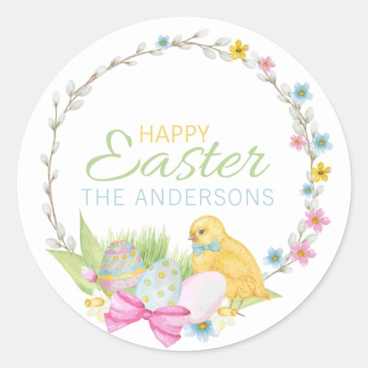 Happy Easter Modern Chick Eggs Floral Wreate Ronde Sticker (Voorkant)