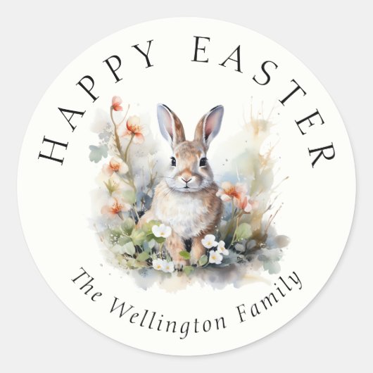 Happy Easter Modern Elegant Waterverf Bunny Ronde Sticker (Voorkant)