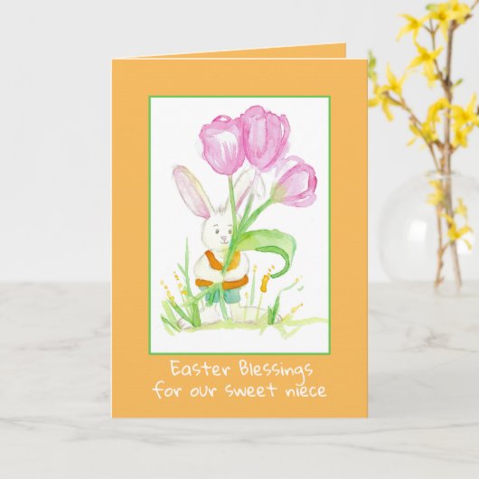 Happy Easter Niece Konijn Tulp Bloemen Kaart (Gele Bloem)