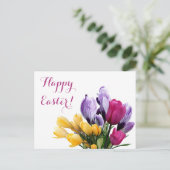 Happy Easter paarse gele krokus roze tulp schattig Feestdagenkaart (Staand voorkant)