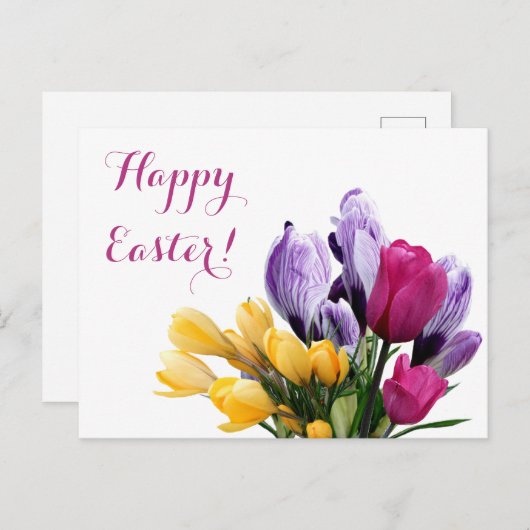 Happy Easter paarse gele krokus roze tulp schattig Feestdagenkaart (Voorkant / Achterkant)
