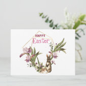 Happy Easter | Pasen Bunny Violet Magnolia Wreath Feestdagenkaart (Staand voorkant)